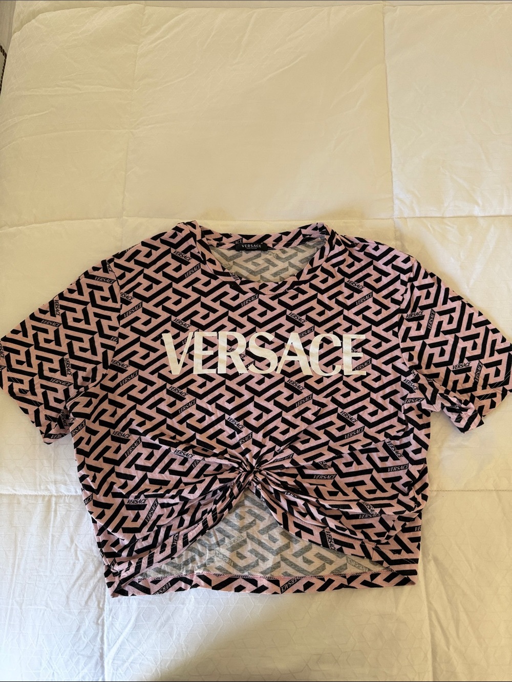 Versace Pink & Black Geometric Knot-Front Crop Top